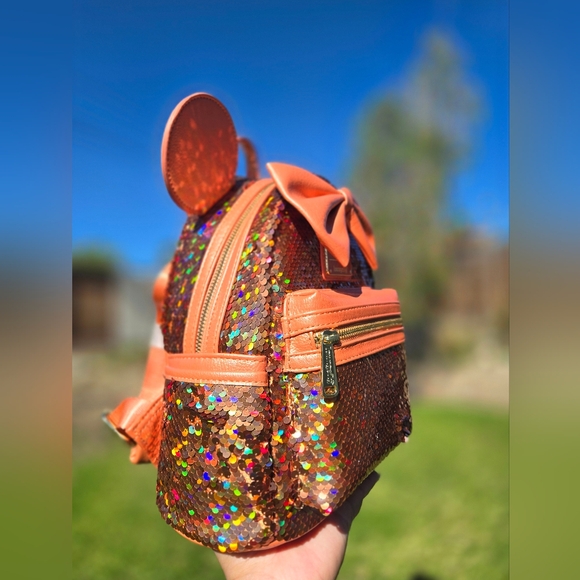 Loungefly Orange and Brown Sequin Mouse Ears Backpack - Picture 2 of 7